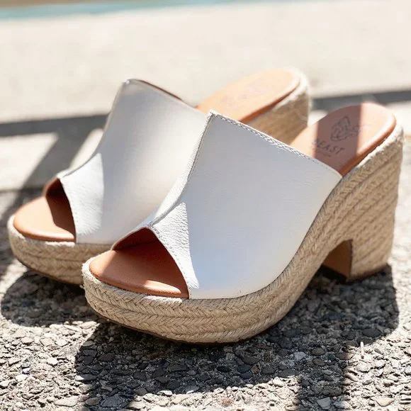 NEW White Faux Leather Espadrille Chunky Platform Wedge Slip On Slides Sandals - Picture 14 of 15